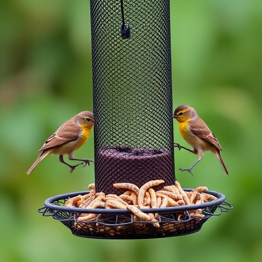 Mesh feeder with wrens and mealworms