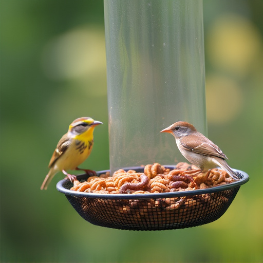Mesh feeder with wrens and mealworms