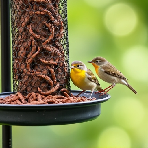Mesh feeder with wrens and mealworms