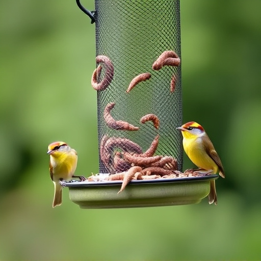 Mesh feeder with wrens and mealworms