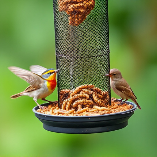 Mesh feeder with wrens and mealworms