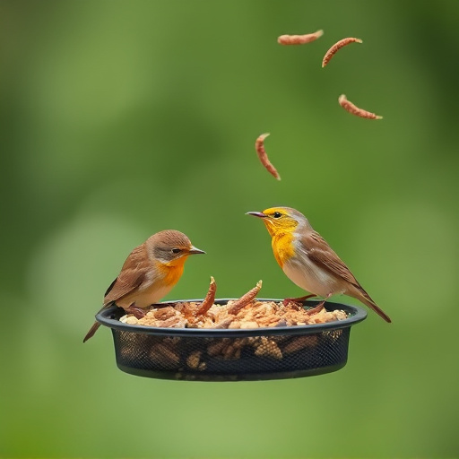 Mesh feeder with wrens and mealworms