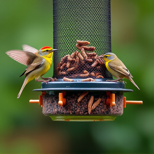 Mesh feeder with wrens and mealworms