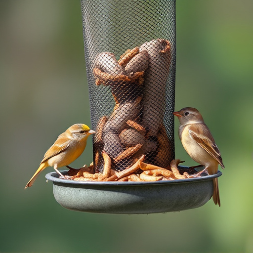 Mesh feeder with wrens and mealworms