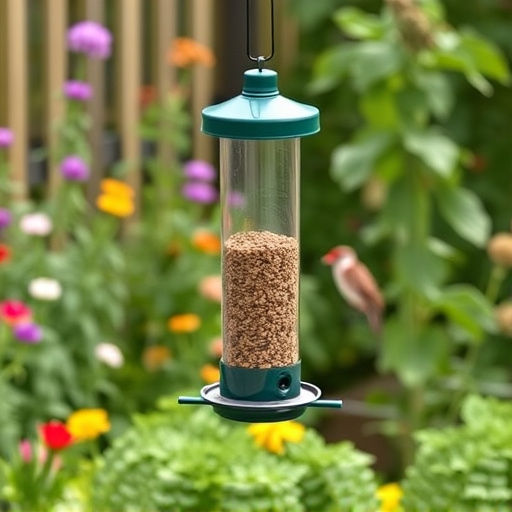 Mess-free tube feeder in garden setting
