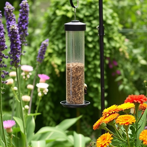 Mess-free tube feeder in garden setting