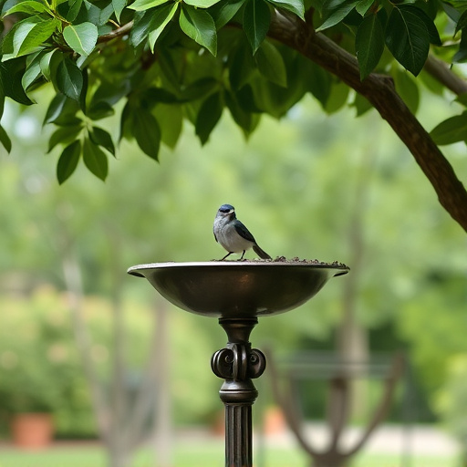 Metal bird bath under leafy tree canopy