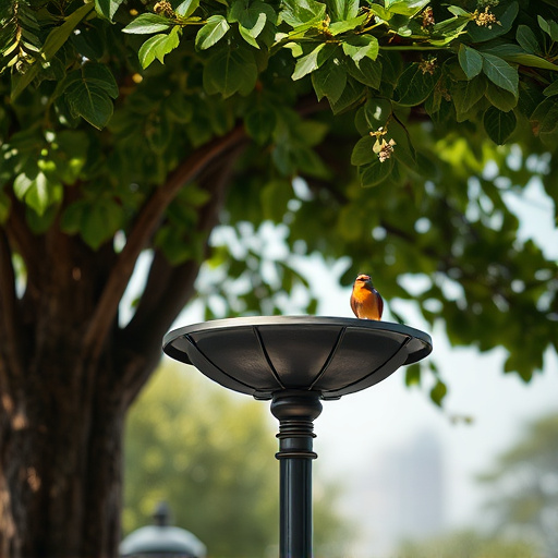 Metal bird bath under leafy tree canopy