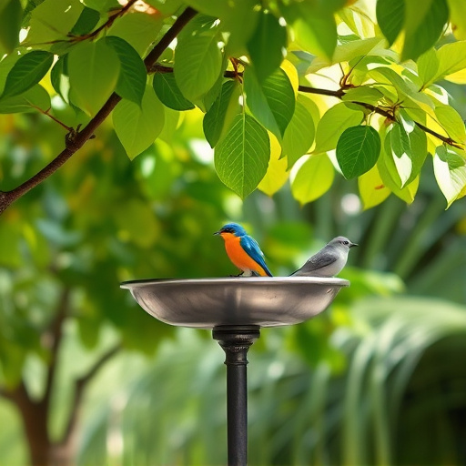 Metal bird bath under leafy tree canopy