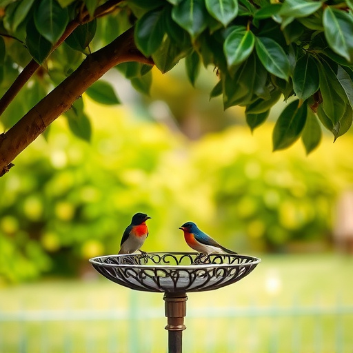 Metal bird bath under leafy tree canopy