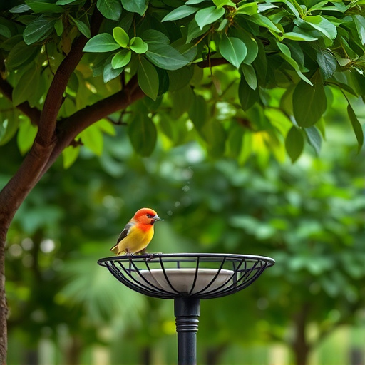 Metal bird bath under leafy tree canopy