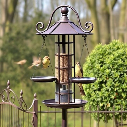 Metal bird feeder pole with hanging trays