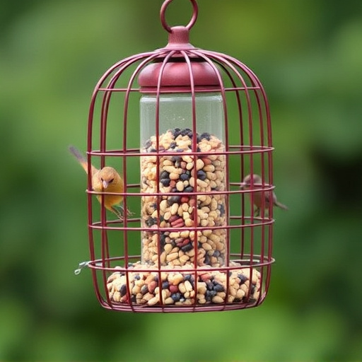 Metal cage bird feeder with seed