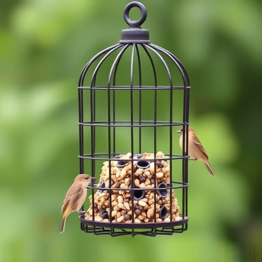Metal cage bird feeder with seed