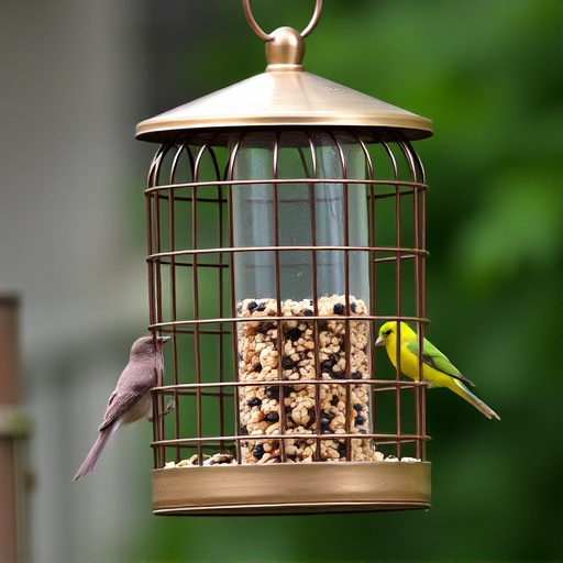 Metal cage bird feeder with seed