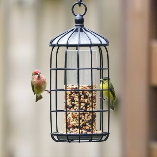 Metal cage bird feeder with seed
