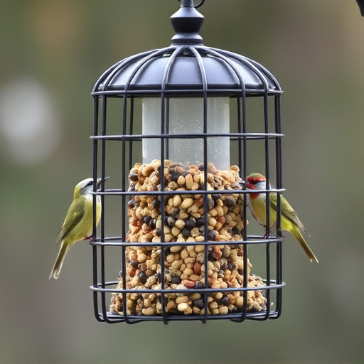 Metal cage bird feeder with seed