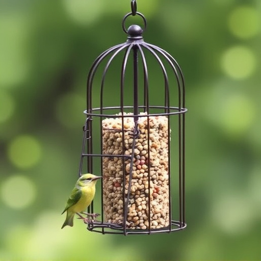 Metal cage bird feeder with seed