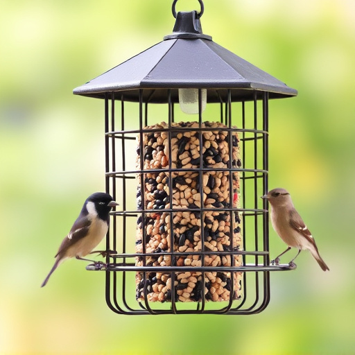 Metal cage bird feeder with seed