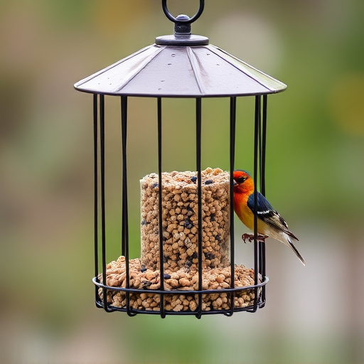 Metal cage bird feeder with seed