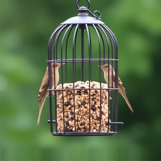 Metal cage bird feeder with seed