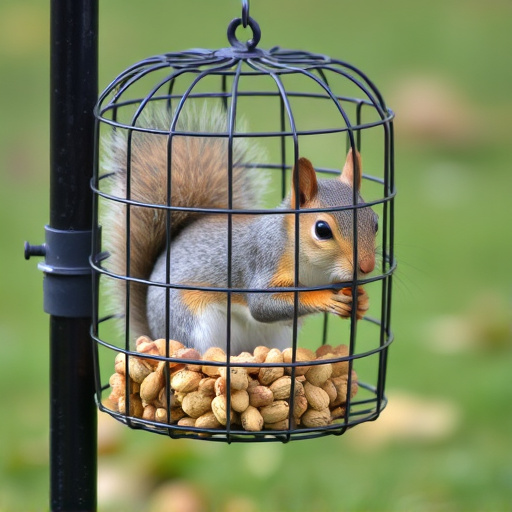 Metal cage preventing squirrels eating seeds