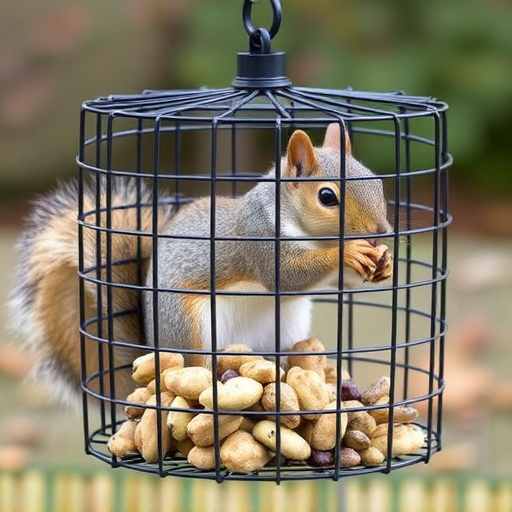 Metal cage preventing squirrels eating seeds