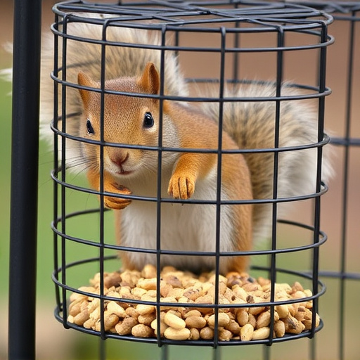 Metal cage preventing squirrels eating seeds