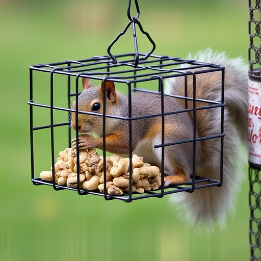 Metal cage preventing squirrels eating seeds