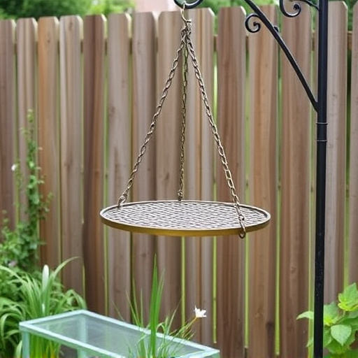 Metal hanging table near garden fence