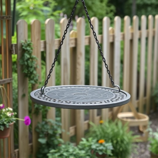 Metal hanging table near garden fence