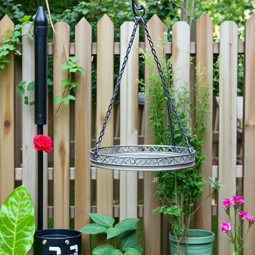 Metal hanging table near garden fence