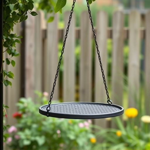Metal hanging table near garden fence