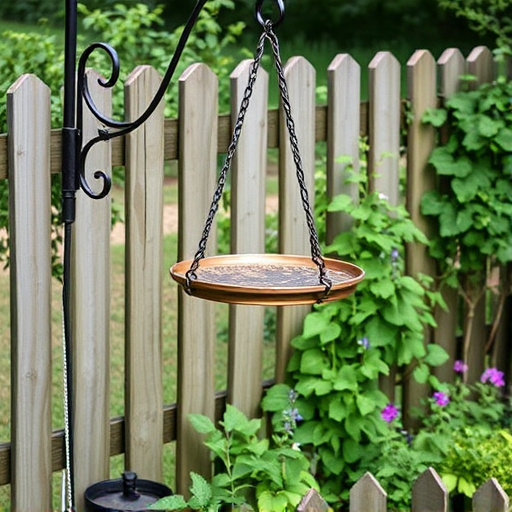 Metal hanging table near garden fence