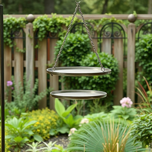 Metal hanging table near garden fence