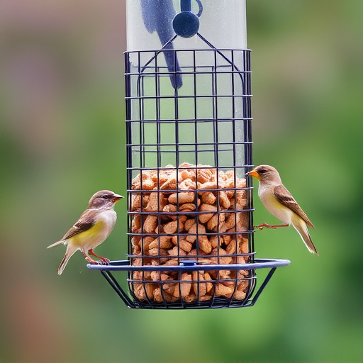 Metal mesh bird feeder with small birds