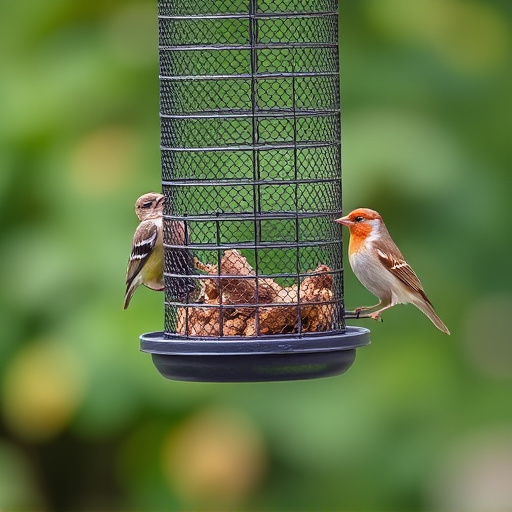 Metal mesh bird feeder with small birds