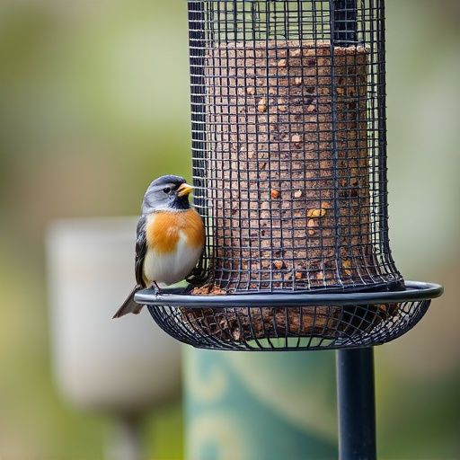 Metal mesh bird feeder with small birds