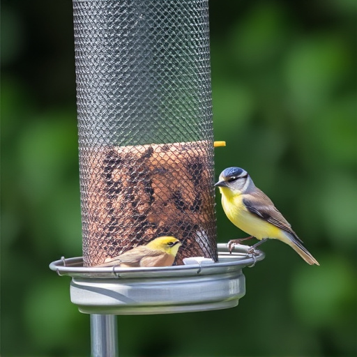 Metal mesh bird feeder with small birds