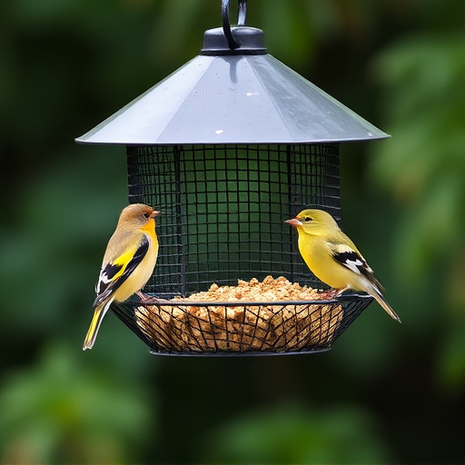 Metal mesh bird feeder with small birds