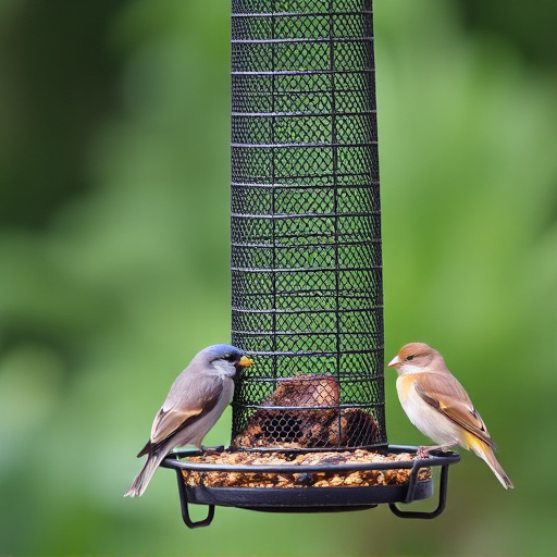Metal mesh bird feeder with small birds