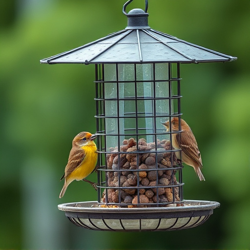 Metal mesh bird feeder with small birds