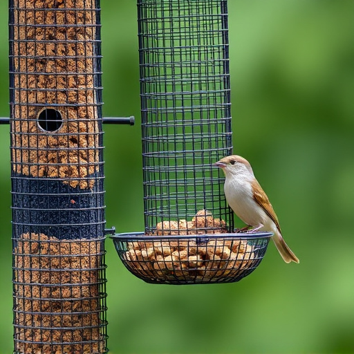 Metal mesh bird feeder with small birds