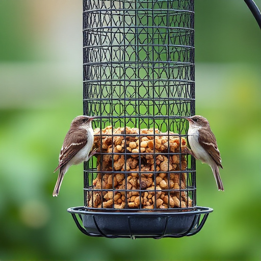 Metal mesh bird feeder with small birds