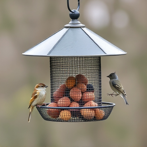 Metal mesh bird feeder with small birds