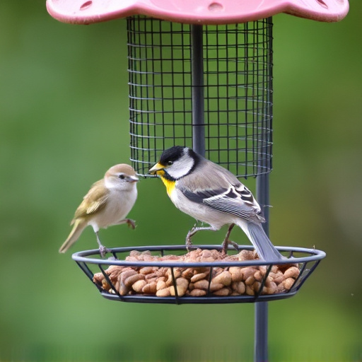 Metal mesh bird feeder with small birds