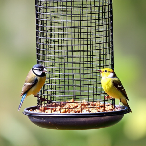 Metal mesh bird feeder with small birds