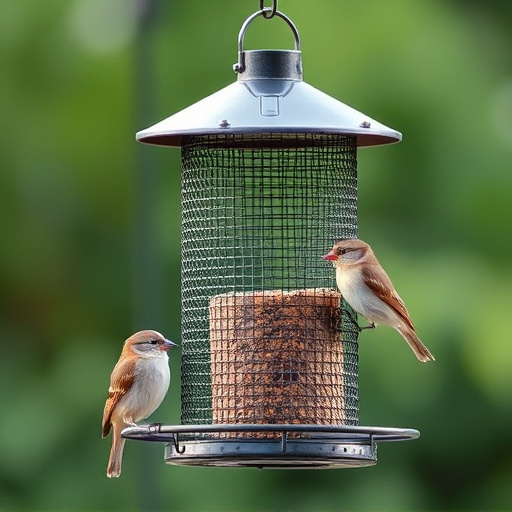 Metal mesh bird feeder with small birds