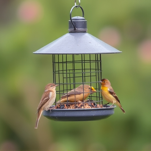 Metal mesh bird feeder with small birds