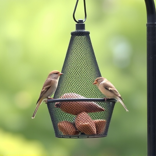 Metal mesh bird feeder with small birds